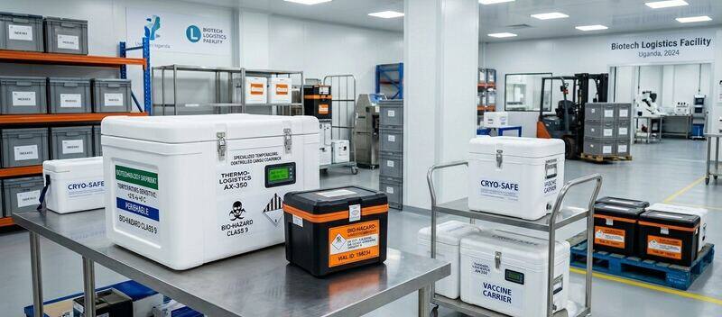 Biotech logistics facility with labeled cryo-safe carriers and thermo-controlled shipping cases