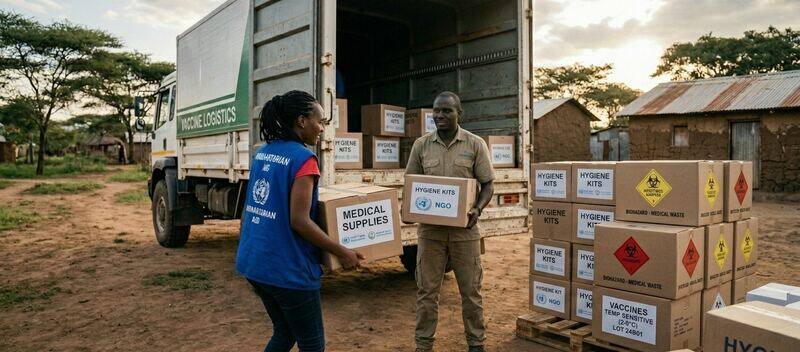 Humanitarian aid workers unloading medical supplies and hygiene kits from a vaccine logistics truck