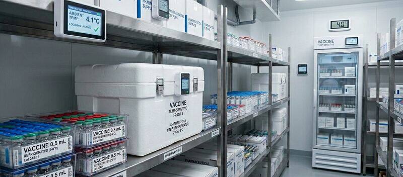 Cold storage room stocked with temperature-monitored vaccines and pharmaceutical supplies