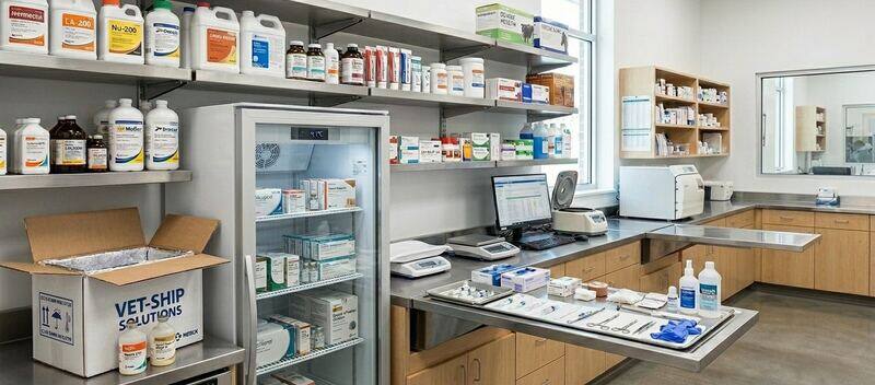 Veterinary clinic shelf stocked with animal health medicines and a vet-ship shipping box