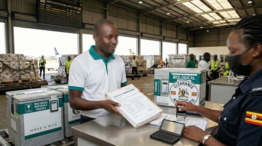 CUL staff presenting shipment documentation for biological cargo clearance at Entebbe airport