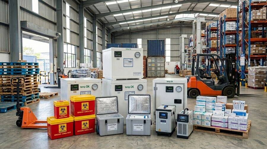 Warehouse floor with temperature-controlled units, biohazard bins and medical supplies staged for storage